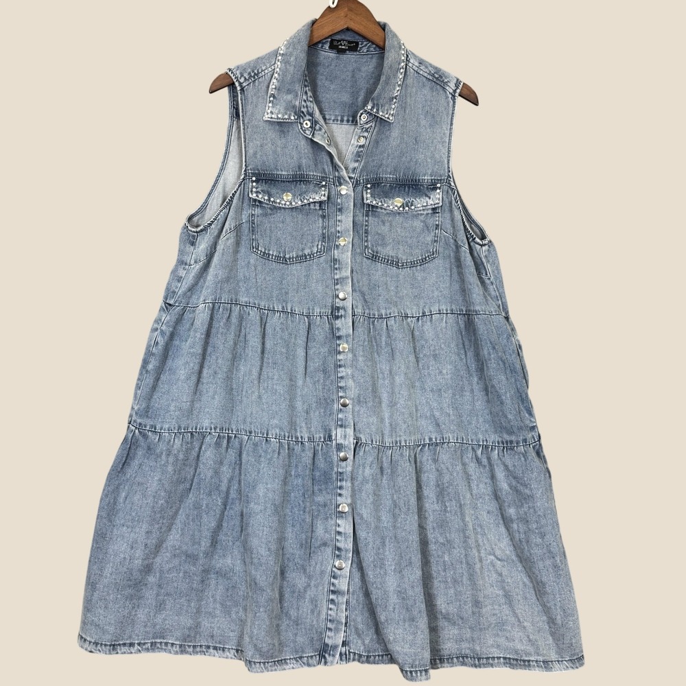 Velvet Heart Dress Women 1X Blue Tencel Chambray Tiered Sleeveless Studded